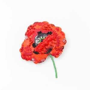Handmade Red Poppy beaded brooch by Trovelore. Like new in original box.